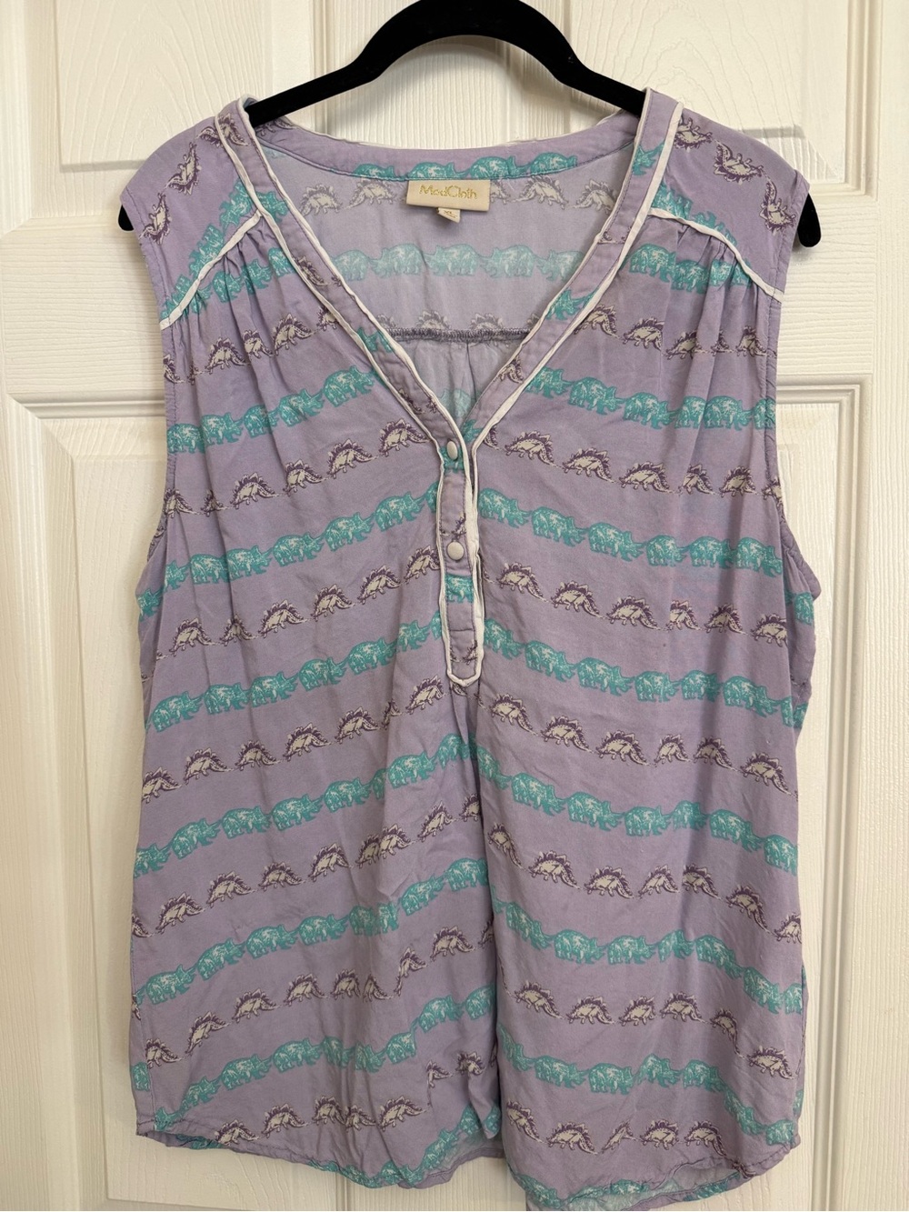 Modcloth Lavender and Teal Sleeveless Henley Tank dinosaurs print